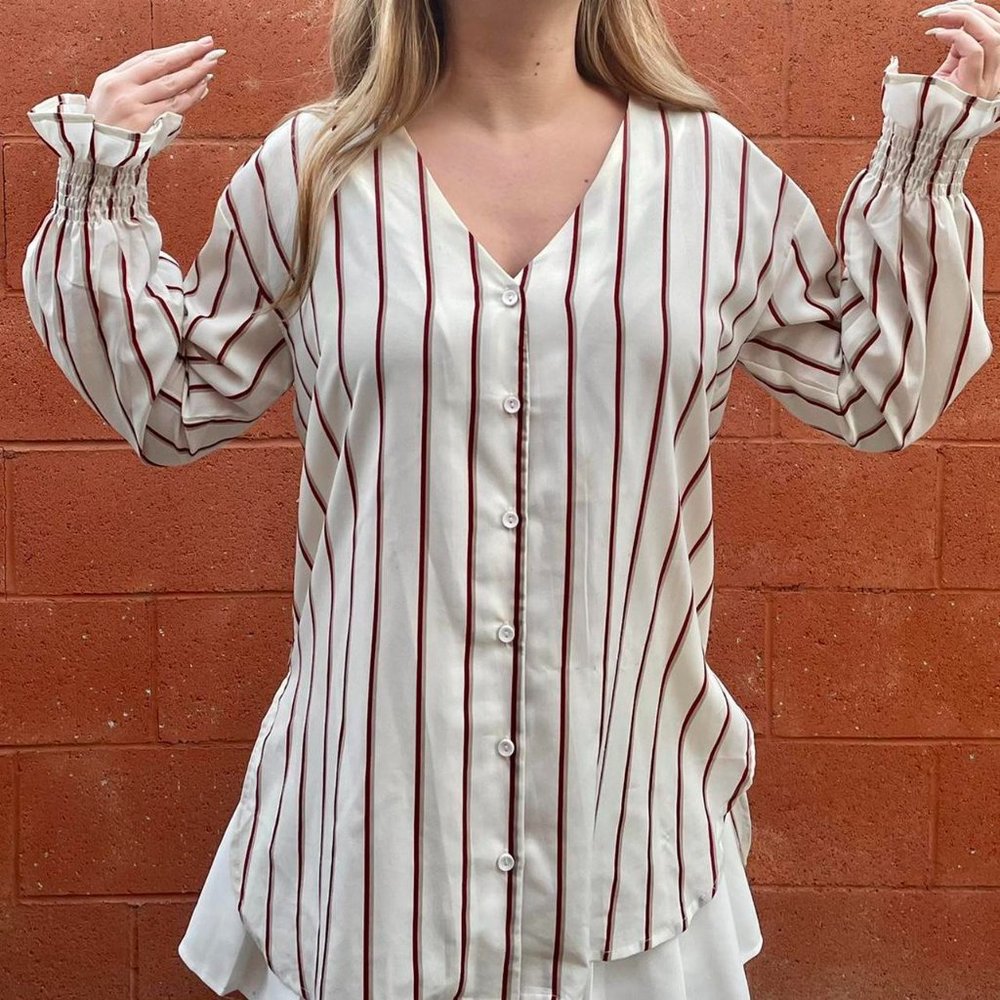 White, Red Striped Long Sleeved Blouse